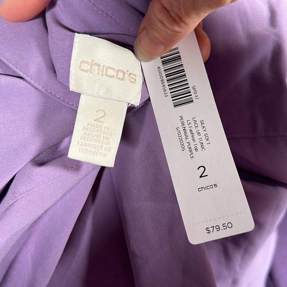 CHICO’S BLOUSE PURPLE  long sleeves w/cuffs buttons upper pockets & drawstring - Picture 9 of 11